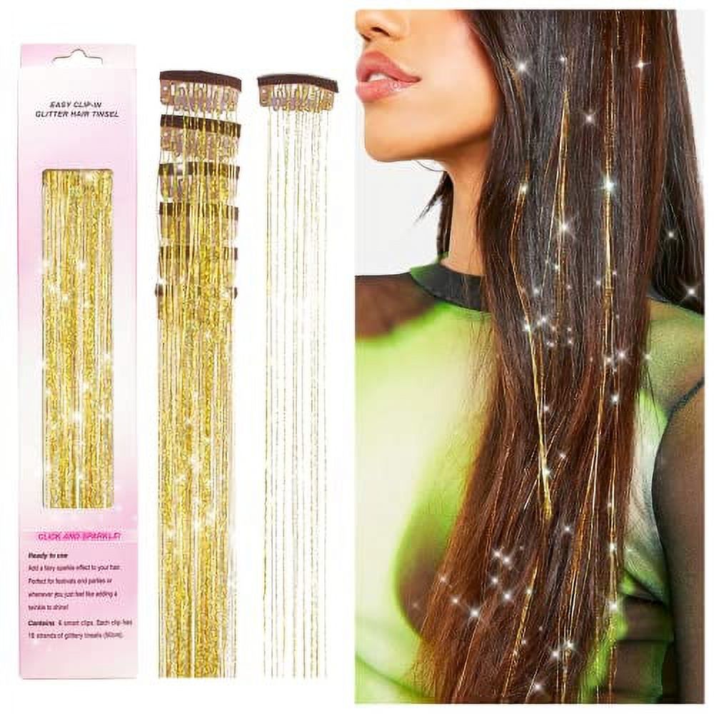 Clip in Hair Tinsel Kit, POROLIR Pack of 6Pcs Glitter Fairy Tinsel Hair  Extensions 20 Inch Shiny Hair Tinsel Heat Resistant, Sparkly Strands Hair